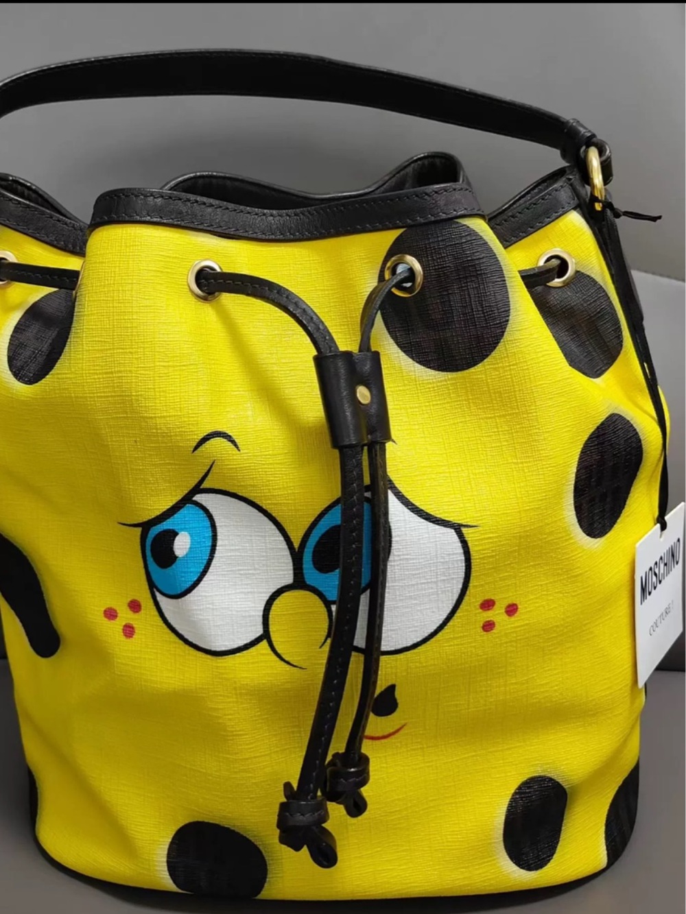Moschino Spongbob Yellow and Black Polka Dot Shoulder Bucket Bag with Straps - Picture 5 of 8